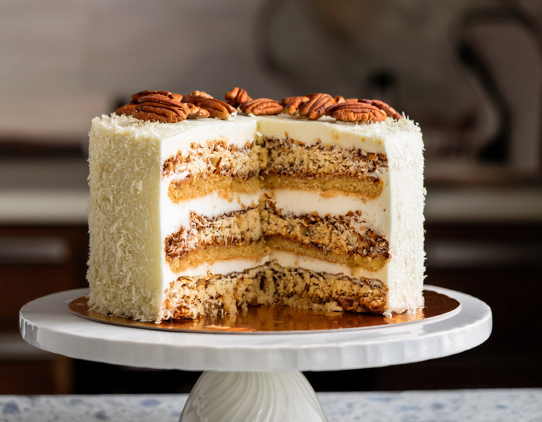 Sliced Italian cream cake with pecans, coconut, and cream cheese frosting on a cake stand