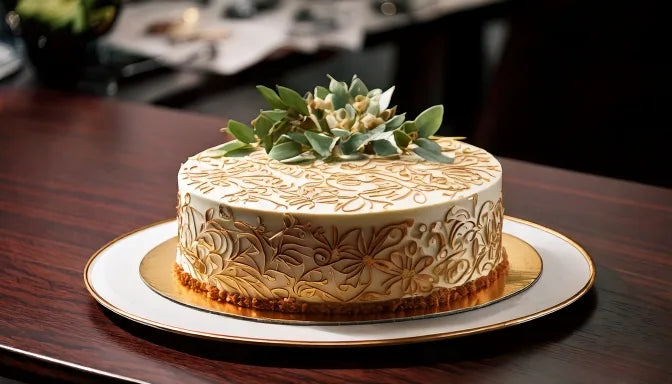 A custom round cake displaying a sharp full-color company logo printed on smooth white fondant in a minimal corporate setting
