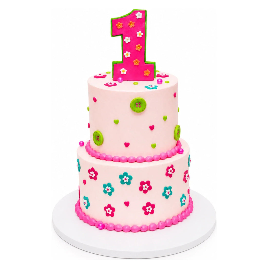 Two-tier pink number age birthday cake with colorful flowers and a large number one topper, a made-to-order birthday cake delivered across Los Angeles by Sweet Angeles