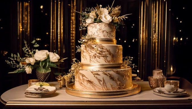 Luxurious multi tier designer cake with gold leaf and flowers