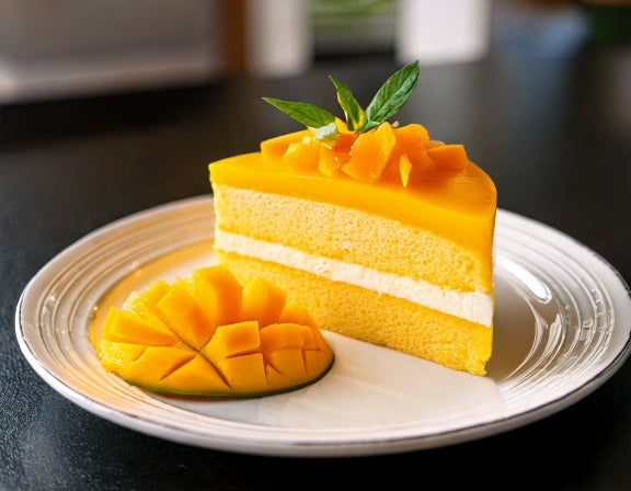 A sliced round mango cake with soft chiffon layers, fresh mango cream filling, and ripe mango slices fanned on top, a fresh mango cake near me option made to order in Los Angeles.