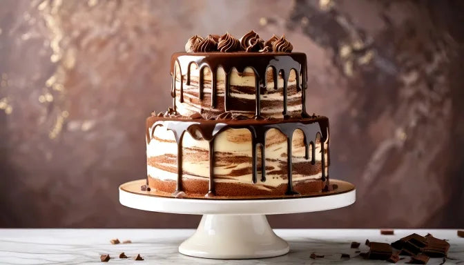Whole marble cake on a stand with one slice cut to show the vanilla and chocolate swirl, from Sweet Angeles in Los Angeles