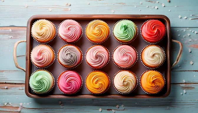 An overhead spread of two dozen assorted mini cupcakes in a white box with small swirls of pink, chocolate, vanilla and pistachio buttercream