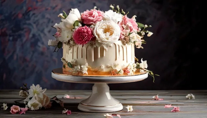 An elegant Mother's Day spread on pink linen: a small buttercream cake with fresh roses and a box of pastel cupcakes
