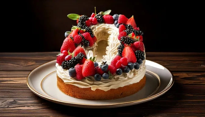 A celebratory number cake shaped as a gold-and-white 30, two sculpted ivory buttercream digits with brushed-gold edges and fresh berries