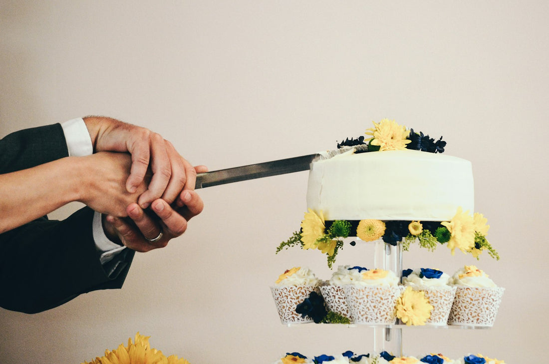 Couple cutting into a cake together, similar to what happens at a formal wedding cake tasting appointment