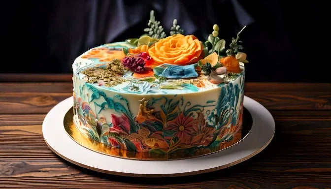 A round birthday cake with a crisp full-color photo printed on edible sugar paper, surrounded by white buttercream rosettes on a cake stand