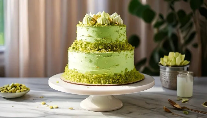 Sliced pistachio cake with pale green crumb and pistachio buttercream on a white cake stand