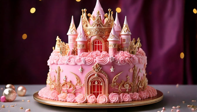 Pink princess themed birthday cake with tiara details