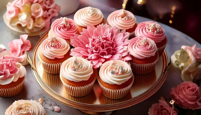 A pull-apart cupcake cake of about two dozen cupcakes frosted together to read the number 30 in pink and gold