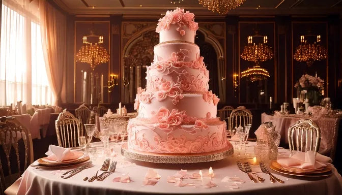 A three-tier quinceañera cake with cascading pink roses and gold leaf on white fondant on a pedestal stand