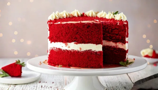 A whole red velvet layer cake on a white stand with one slice cut to show crimson layers and cream cheese frosting