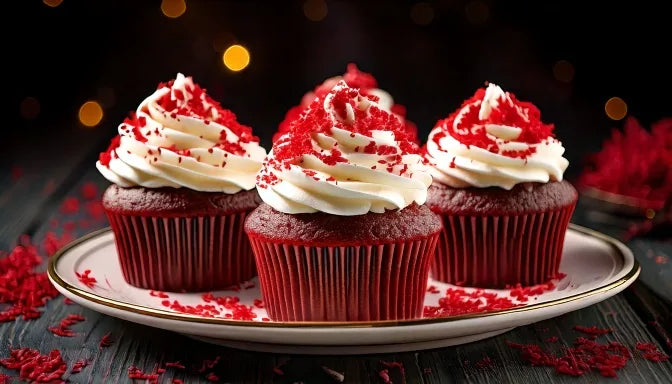 Six deep-crimson red velvet cupcakes in a white bakery box, each with a tall swirl of glossy white cream cheese frosting and red velvet crumbs