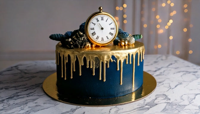 Elegant retirement celebration cake with navy and gold accents, made to order in Los Angeles by Sweet Angeles