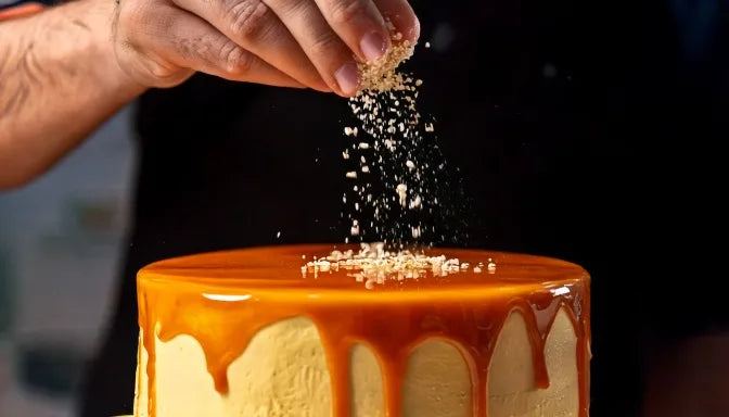 Slice of salted caramel cake with amber caramel layers, caramel drip, and flaky sea salt on top