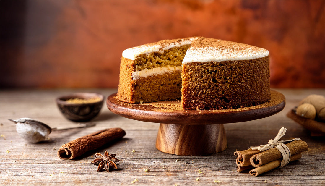 Sliced spice cake with visible warm-spiced crumb surrounded by cinnamon sticks and whole cloves
