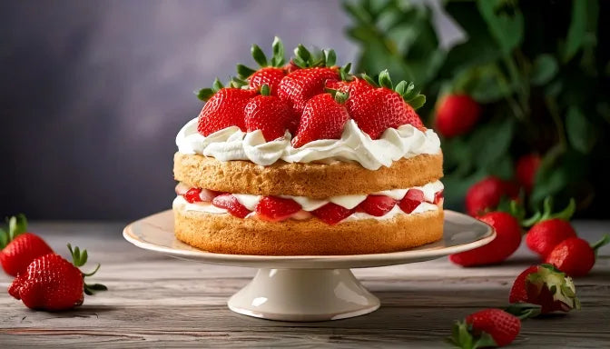 A strawberry shortcake layer cake on a marble stand, a slice removed to show vanilla sponge, fresh strawberries, and whipped cream filling