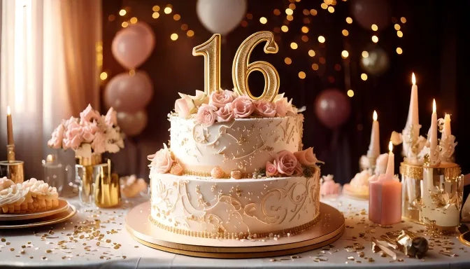 A two-tier rose-pink ombré buttercream cake with a gold 16 topper, sugar roses, and macarons