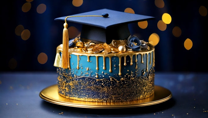 Graduation cake in blue and gold colors with a graduation cap topper