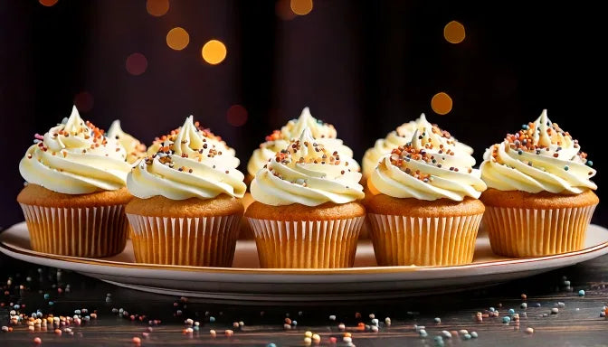 A box of a dozen vanilla cupcakes with tall ivory vanilla bean buttercream swirls, one split open to show a fine tender crumb