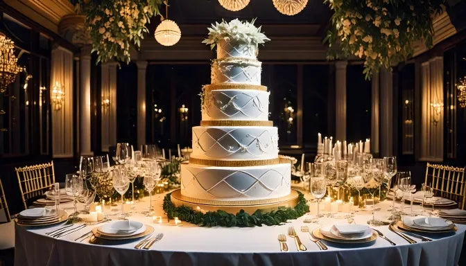 A three-tier white buttercream wedding cake on a marble pedestal beside a planning notebook and fresh garden roses