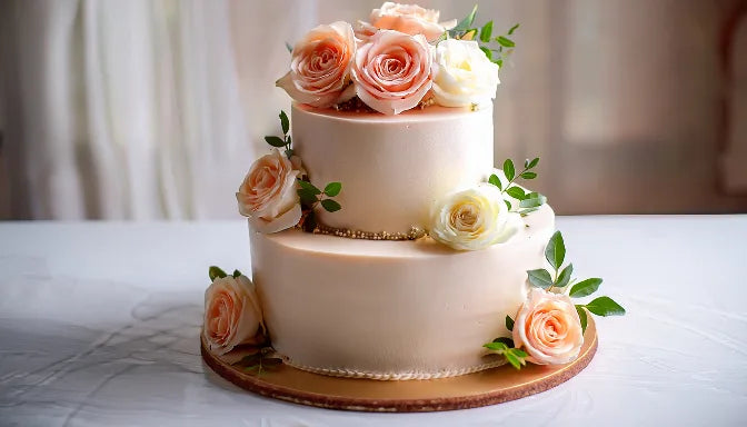 A styled two-tier wedding cake with smooth ivory buttercream and fresh blush and cream garden roses on a white marble surface