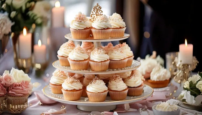 A white tiered tower of ivory and blush wedding cupcakes beside a small round cutting cake with sugar flowers