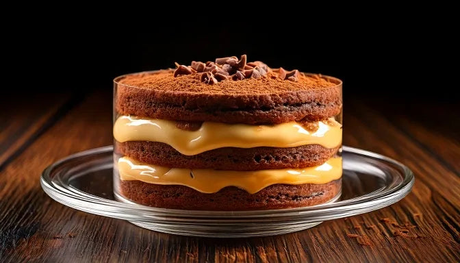 A slice of chocotorta on a white plate showing thin dark chocolate cookie layers alternating with pale caramel cream, dusted with cocoa