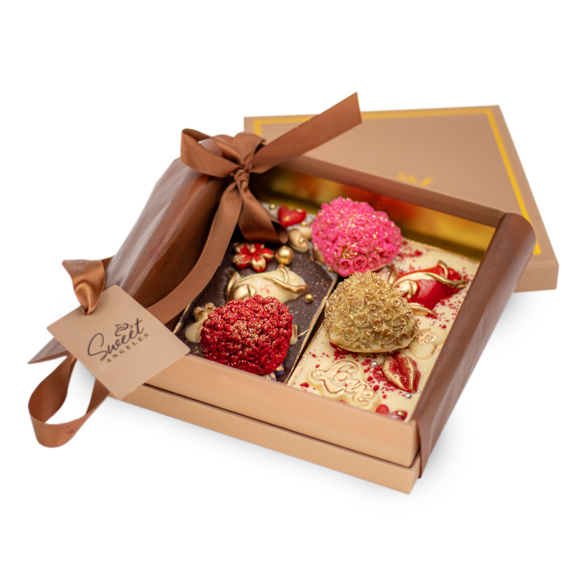 Gift box with gourmet chocolate bars decorated with red and gold floral designs