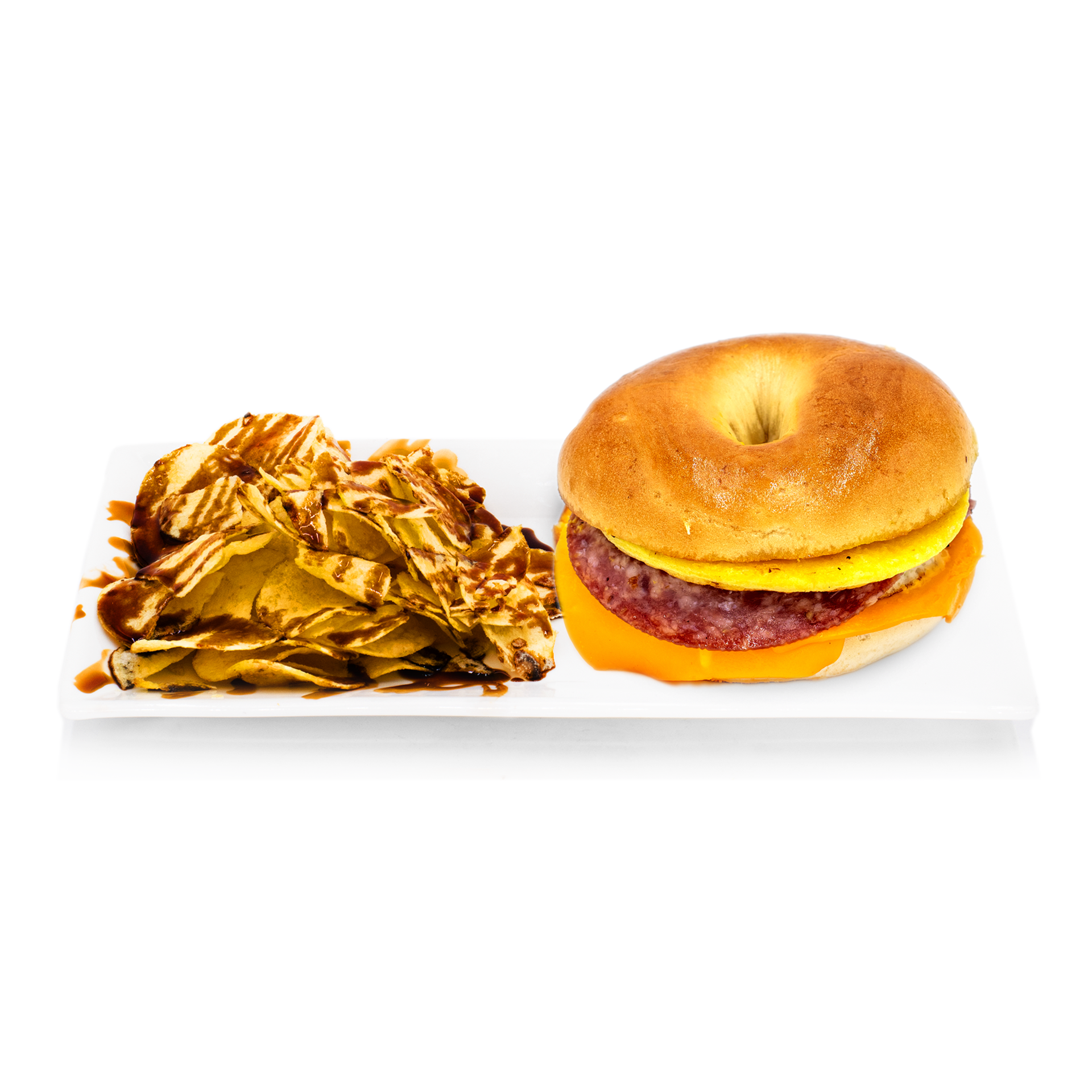Breakfast bagel sandwich with egg, cheese, sausage and a side of potato chips drizzled with sauce