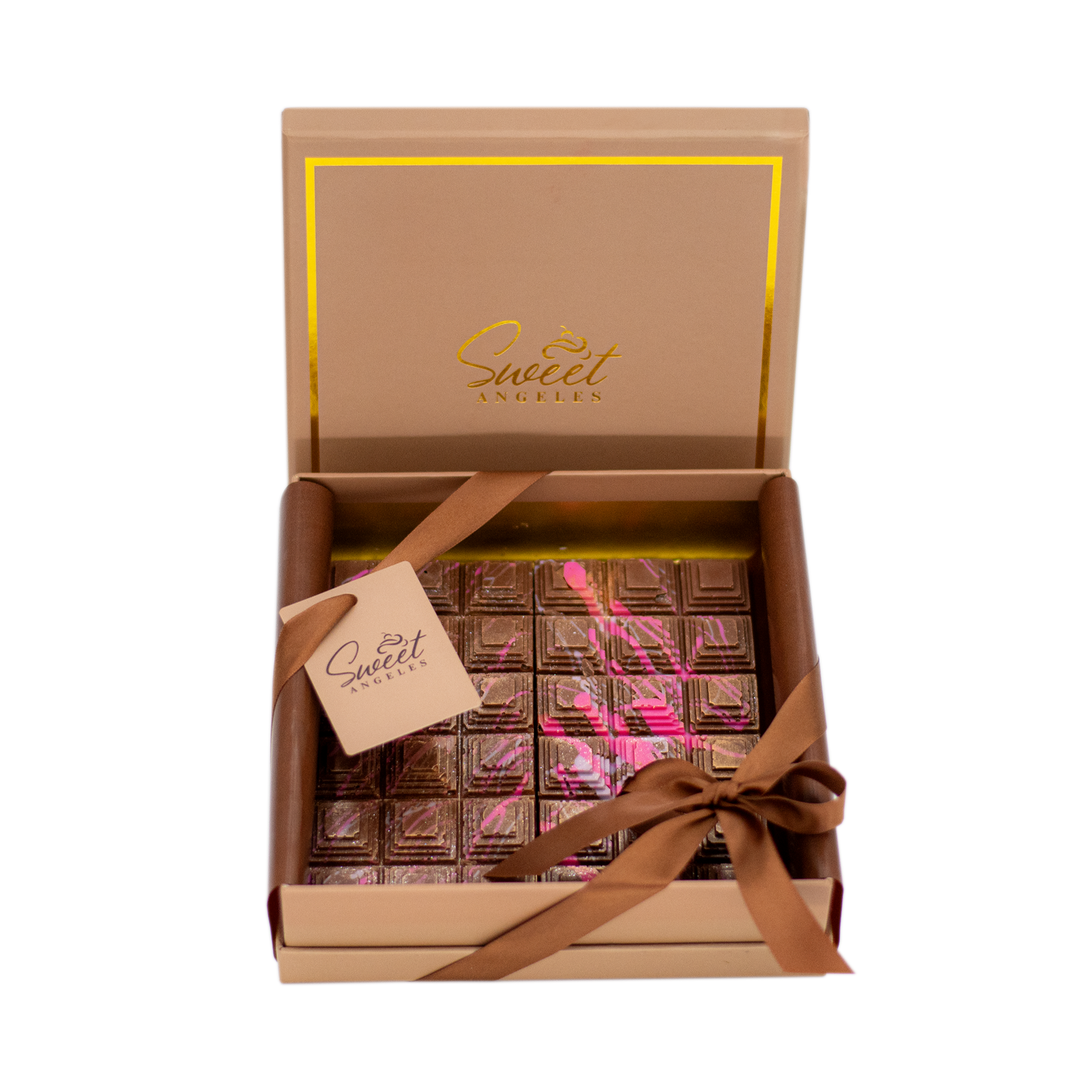 Luxury artisan chocolate bar with pink decoration in elegant gift box with ribbon