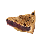 Blueberry crumb pie slice with golden crumble topping on white background