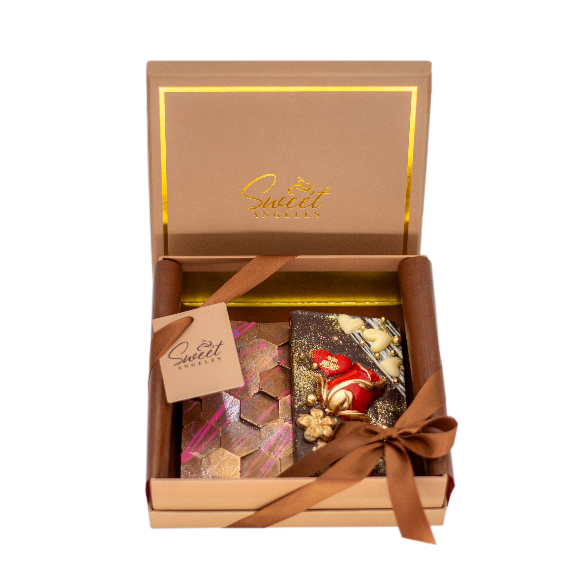 Luxury chocolate gift box with artisan decorated chocolate bars and ribbon, Beverly Hills bakery