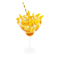 Mango sundae dessert with whipped cream, caramel drizzle, and gold flakes in a glass