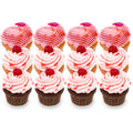 Assorted gourmet cupcakes with pink swirled frosting and cherry topping, arranged in rows