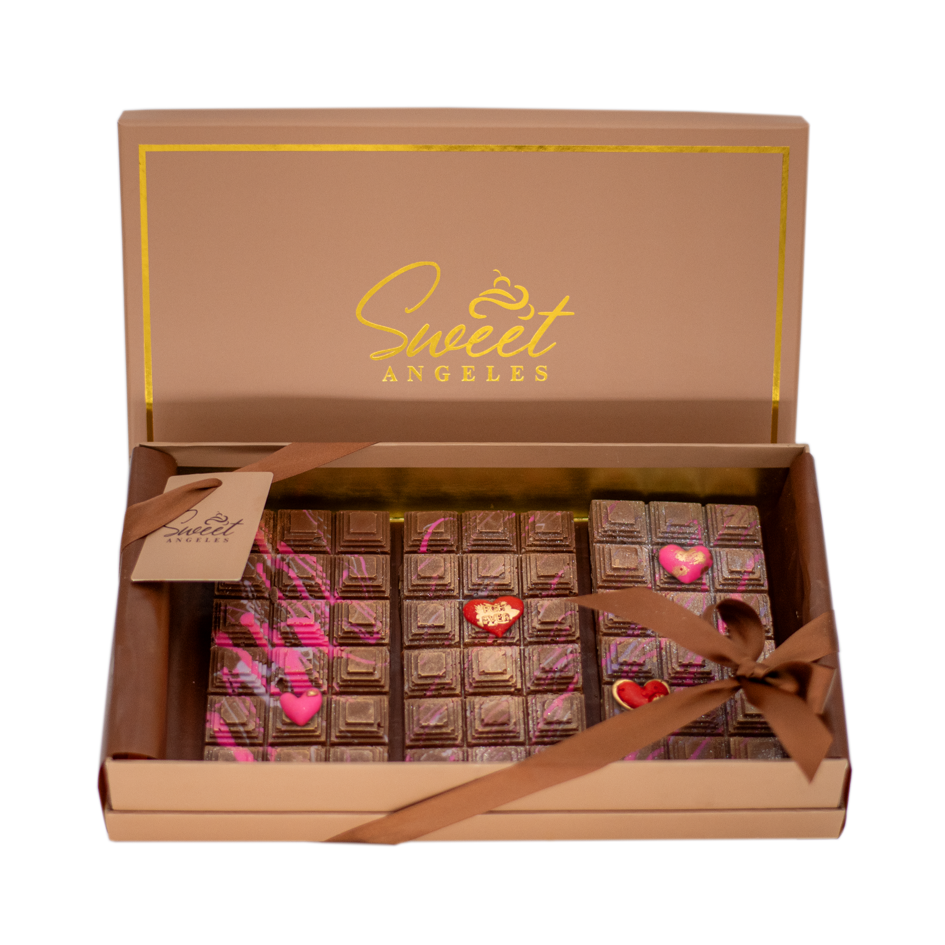 Box of gourmet chocolate bars with pink heart decorations and brown ribbon