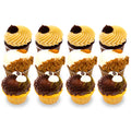 Assorted gourmet cupcakes with chocolate, vanilla, and caramel frosting on white background