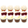 Assorted gourmet cupcakes with coconut, red velvet, and chocolate frosting, arranged in rows.