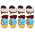Assorted gourmet cupcakes with cookies, red velvet, and blue frosting with sprinkles