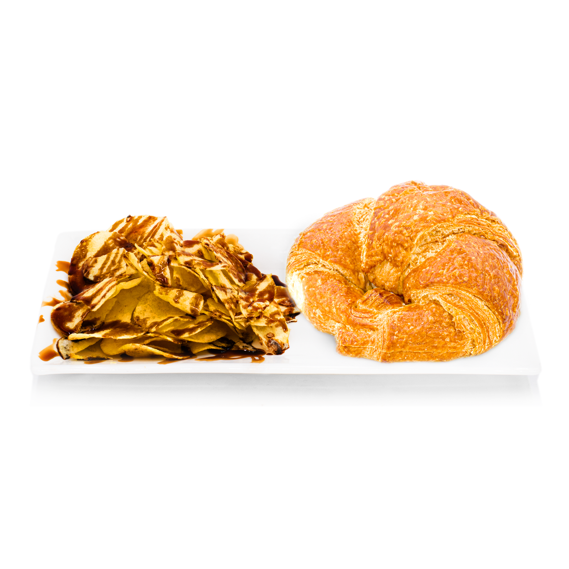 Flaky croissant and chocolate-drizzled pastry chips on a white rectangular platter