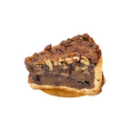 Slice of chocolate pecan pie with gooey filling and crunchy nuts on white background
