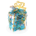 Handcrafted birthday cake with blue crystal sugar, gold accents, and Happy Birthday topper