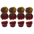Assorted gourmet cupcakes with chocolate frosting and red velvet flavors, neatly arranged.