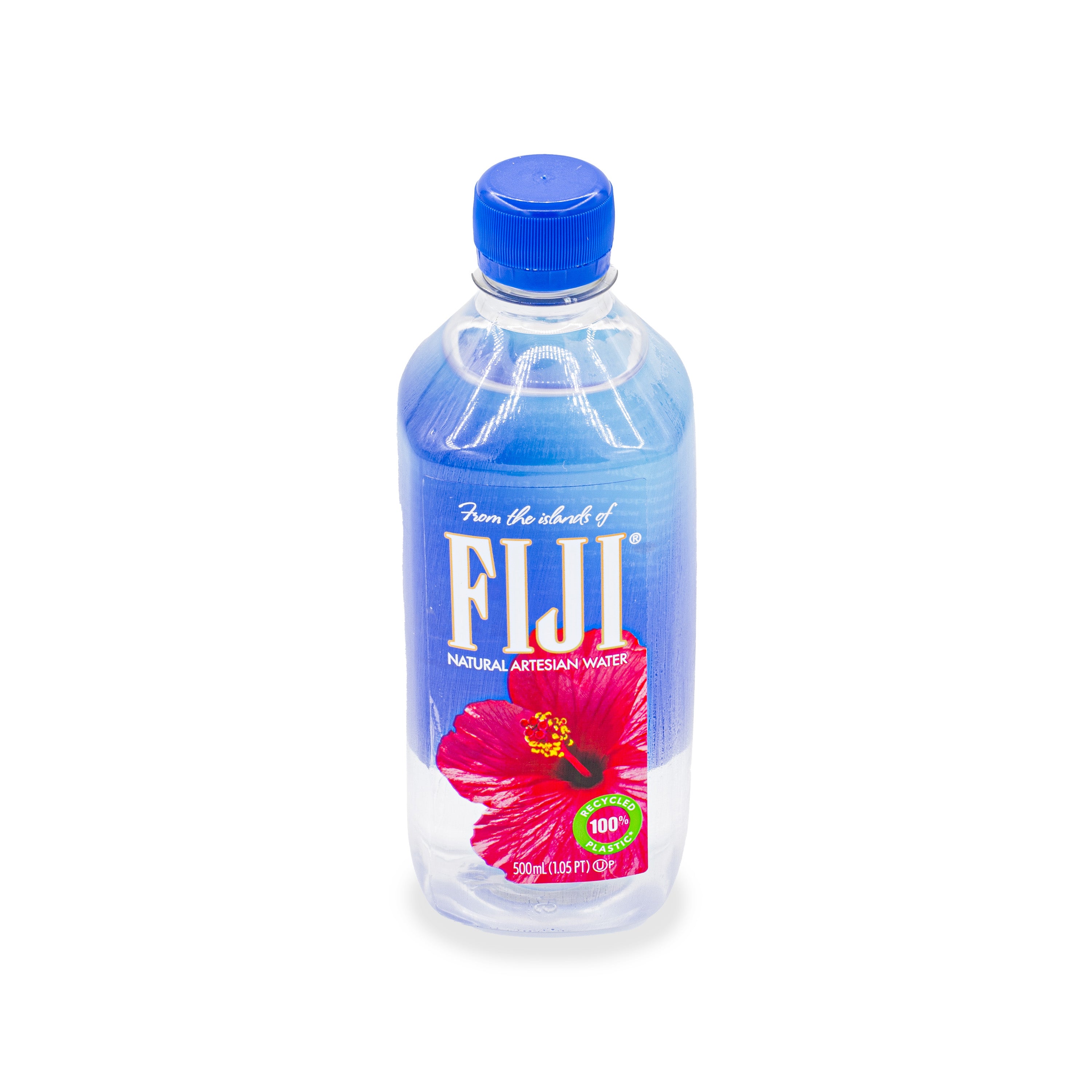 FIJI natural artesian water bottle 500ml with blue cap and hibiscus flower label on white background