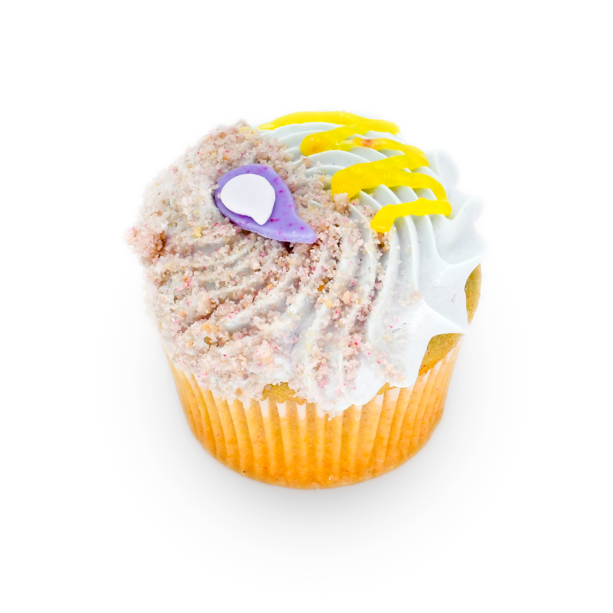 Handcrafted gourmet cupcake with purple, yellow, and white swirl frosting and sprinkles