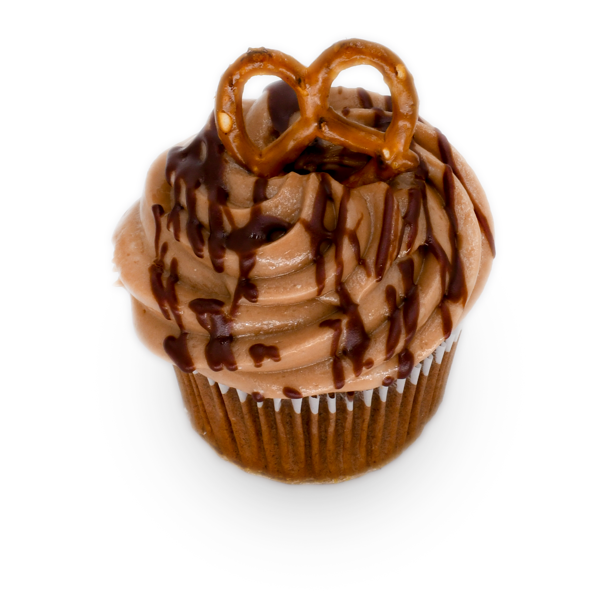 Chocolate cupcake with chocolate frosting, pretzel topper, and chocolate drizzle