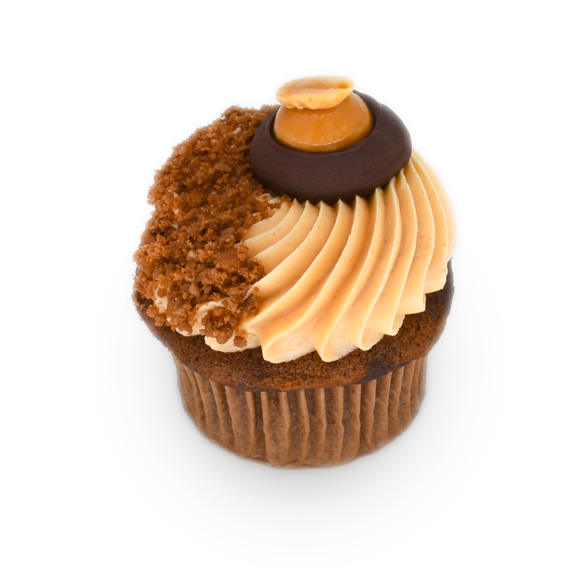 Gourmet cupcake with swirled caramel frosting, chocolate disk, and brown sugar crumble