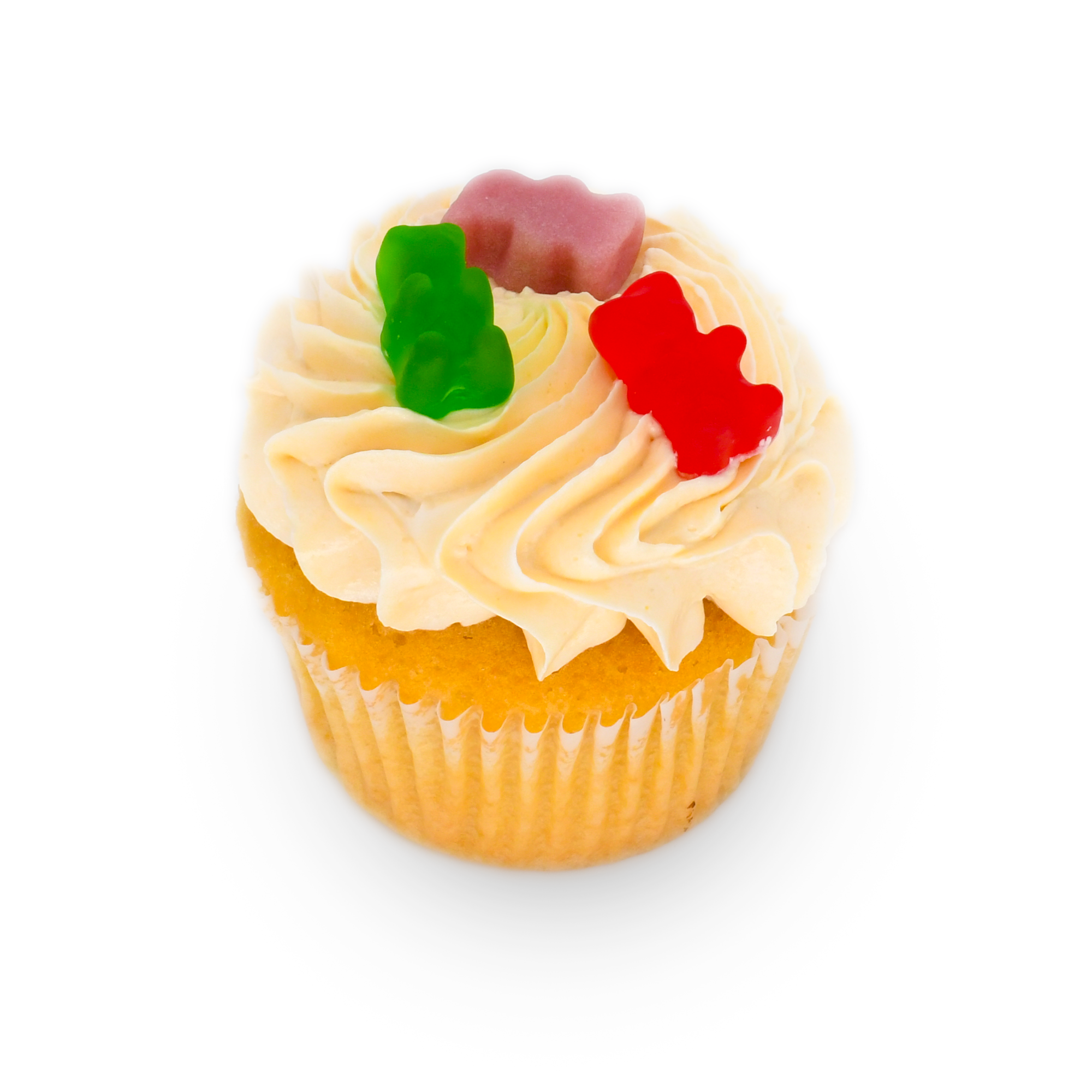 Vanilla cupcake with swirled frosting topped with gummy bears, gourmet cupcake dessert