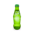 Chilled glass bottle of lemon-lime soda with condensation on white background
