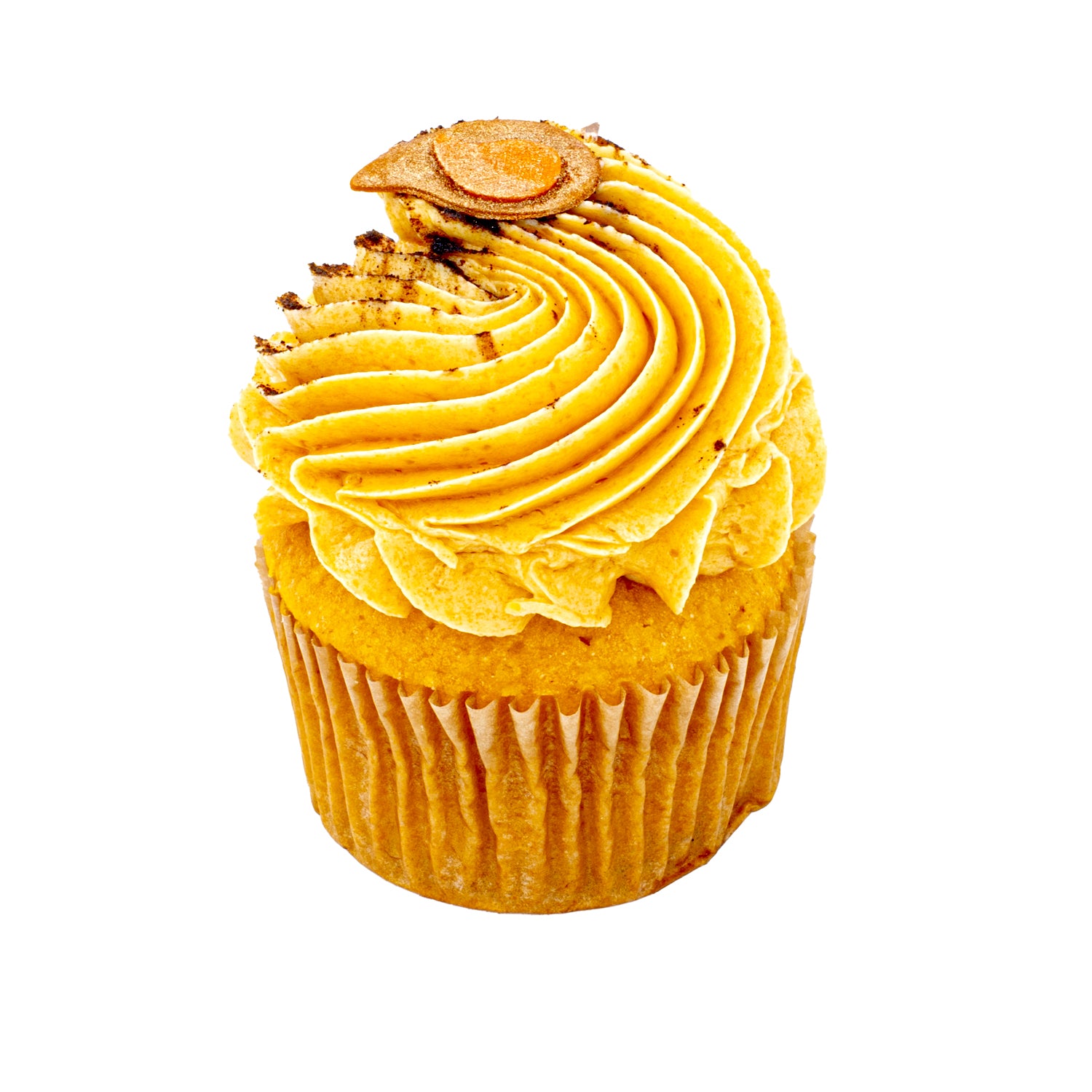 Gourmet vanilla cupcake with rich yellow buttercream swirl and decorative topping